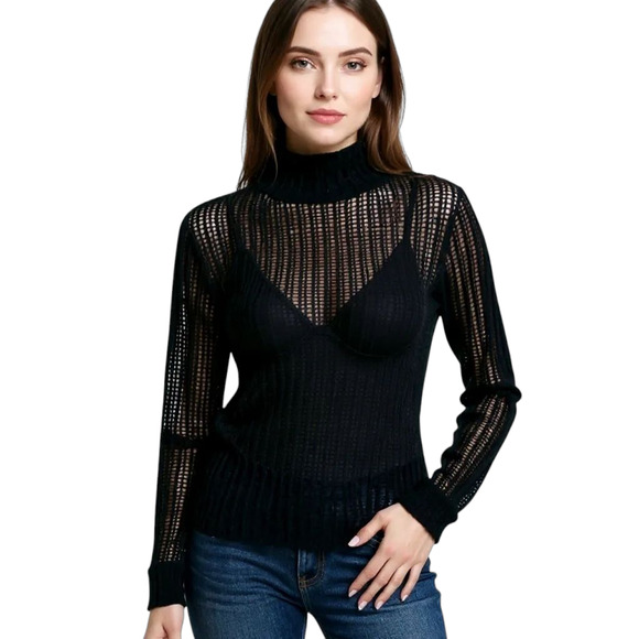 Elie Tahari Open Knit Sweater Women's Sz XS Black Sheer Spilt  Back Pullover Top - Picture 4 of 15